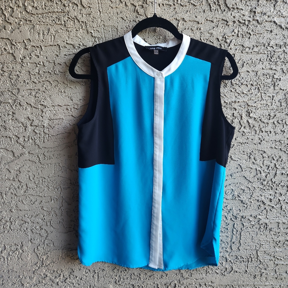 Nine West Blue, Black, and White Colorblock Sleeveless Blouse Size 8